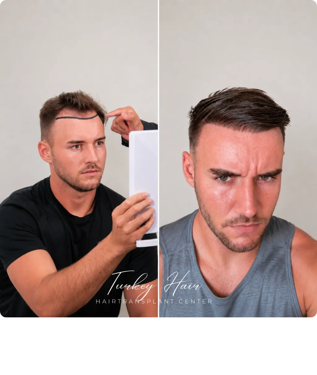 Hair transplant before and after result showing natural hairline design and restored hair density