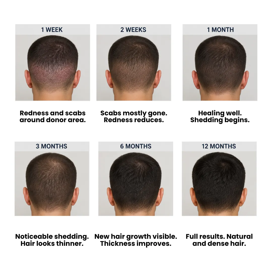 Hair Transplant Recovery Timeline: Day-By-Day, Week-By-Week And Month-By-Month Guide 3 Hair Transplant Recovery Timeline Showing Donor Area Healing From 1 Week To 12 Months With Scabs, Shedding, New Growth, And Final Results