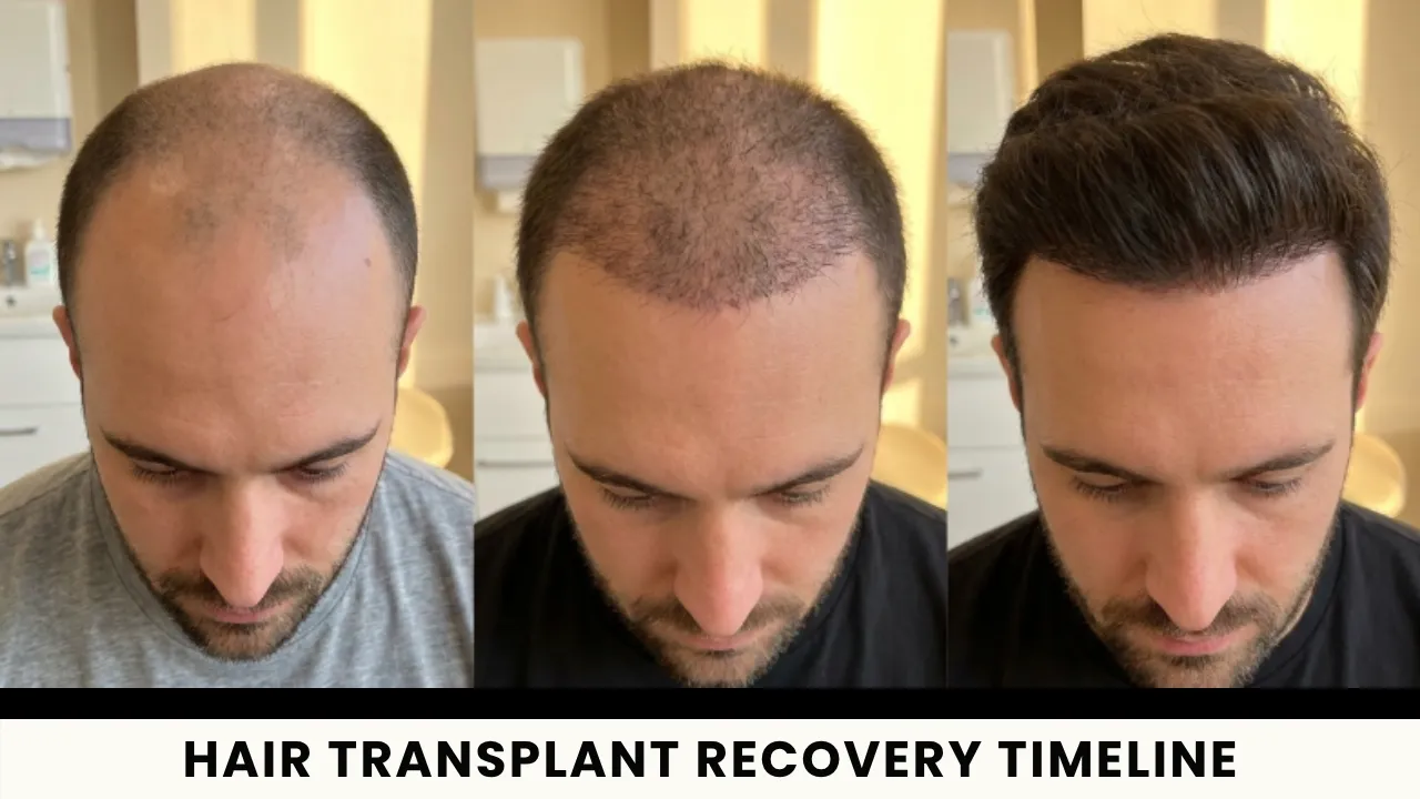 Hair Transplant Recovery Timeline: Day-By-Day, Week-By-Week And Month-By-Month Guide 1 Hair Transplant Recovery Timeline Cover Image Showing Hair Growth Progress From Thinning Hair To Fuller Density After Restoration