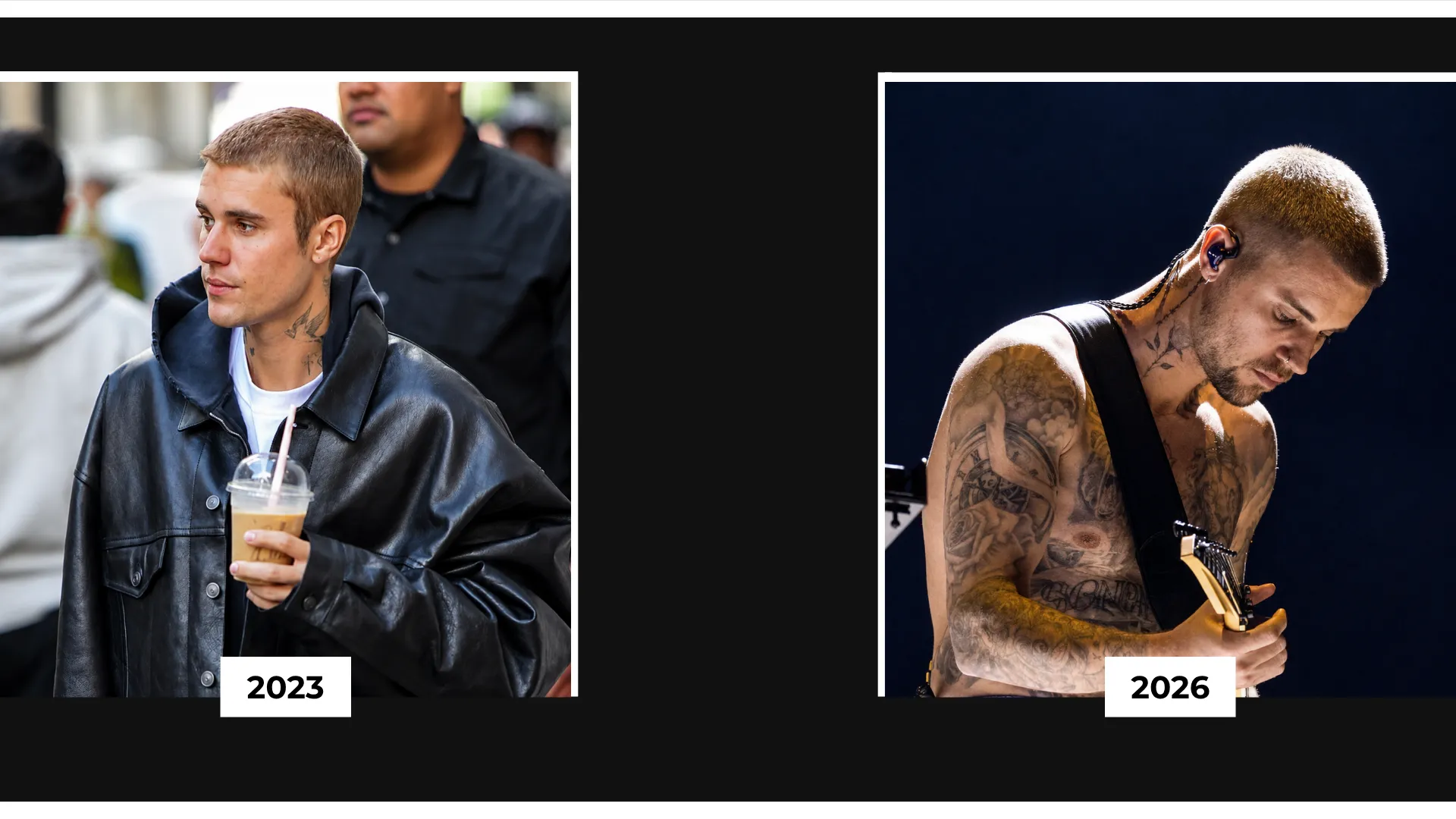 Justin Bieber 2023 and 2026 hairline comparison showing buzz cut hairstyle, frontal hair coverage, and visible hairline changes