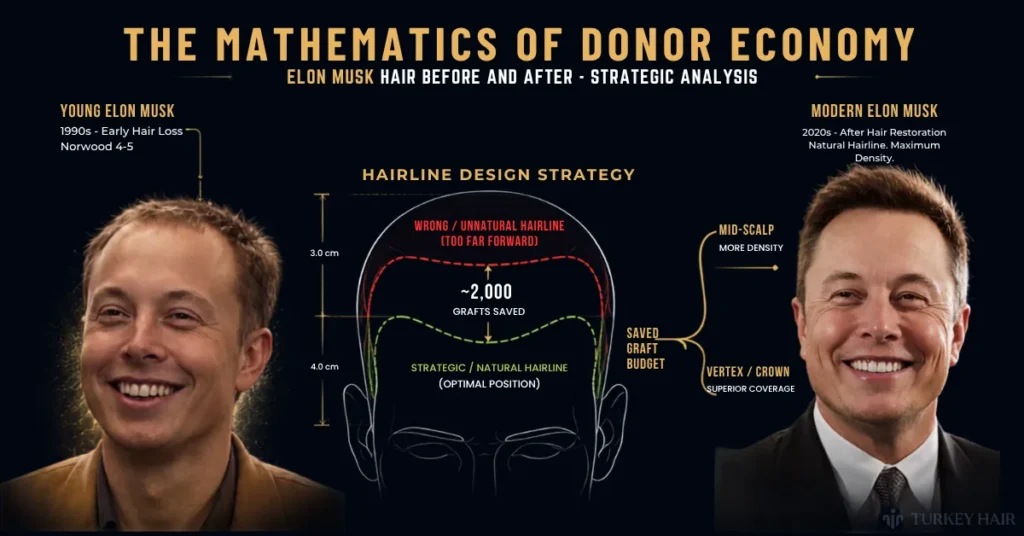 Elon Musk hair transplant donor area analysis showing estimated graft distribution and donor economy