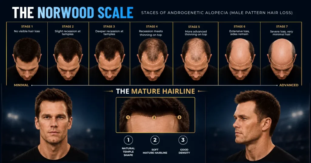 what is norwood scale?, tom brady hair loss stage, male pattern baldness stages, mature hairline vs hair loss, tom brady hair loss progression